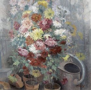 Stillleben Mit Prachtigen Dahlien Und Giesskanne
