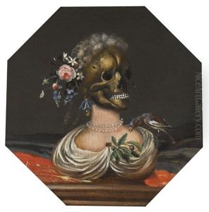 A Vanitas Bust Of A Lady With A Crown Of Flowers On A Ledge by Catharina Ijkens