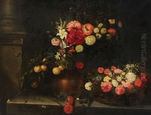 Nature Morte Aux Fleurs Dans Un Vase En Cuivre Et Dans Un Panier by Catharina Ijkens