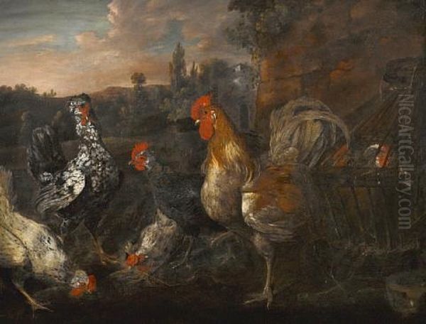 Hens And Roosters In A Landscape - view 1