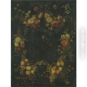 Portrait Of A Gentleman In Armour Surrounded By Festoons Of Fruit And Flowers by Catharina Ijkens