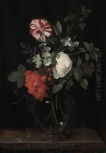 Flowers In A Glass Vase With A Dragonfly On A Ledge - view 1