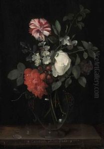 Flowers In A Glass Vase With A Dragonfly On A Ledge by Catharina Ijkens