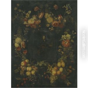 Portrait Of A Gentleman In Armor Surrounded By Festoons Of Fruit And Flowers by Catharina Ijkens