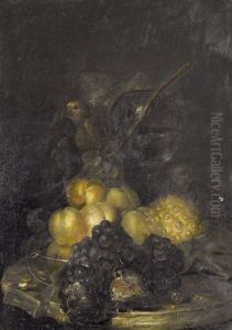 Fruchtestillleben Mit Rotem Vogel Und Glasschale by Catharina Ijkens