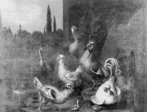A Peacock, A Peahen, A Cockerel And Other Fowl Beside A Rock With Trees Beyond by Catharina Ijkens