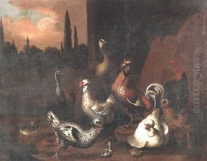 A Peacock, A Peahen, A Cockerel And Other Fowl by Catharina Ijkens