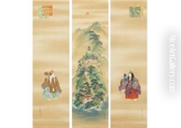 Hourai Mountain And Crane And Turtle (a Set Of 3 Scrolls) - view 1