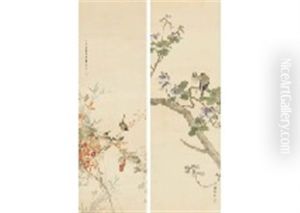 Paulownia And Twin Eophona Personata; Bird With Autumn Bushes (a Pair Of Scrolls) Paulownia And Twin Eophona Personata; Bird With Autumn Bushes (a Pair Of Scrolls)