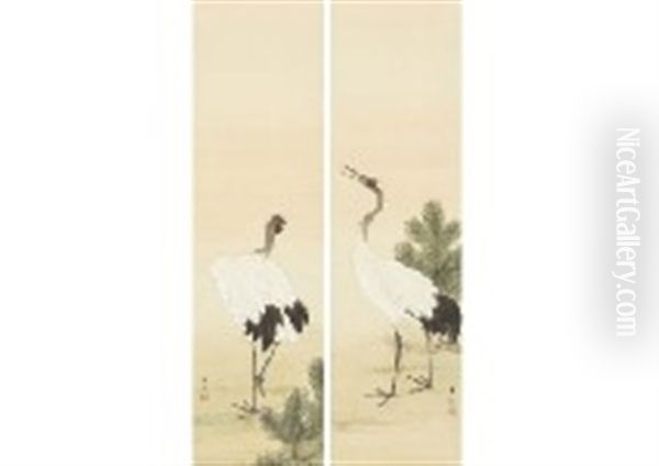 Two Cranes (a Pair Of Scrolls) - view 1