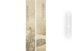 Front And Back Red Wall (a Pair Of Scrolls) by Shuho Ikegami