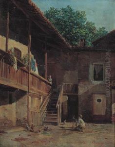 Interno Di Cortile Con Bimbo E Gallinelle by Luigi Bartezago