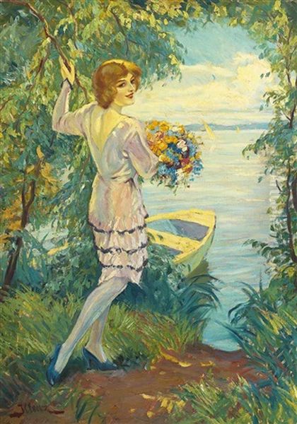 Madchen Mit Blumenstraus An Sommerlichem Ufer Mit Angelandetem Kahn - view 1