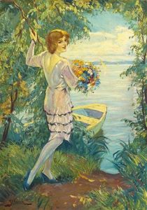 Madchen Mit Blumenstraus An Sommerlichem Ufer Mit Angelandetem Kahn thumbnail