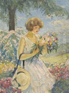 Junge Frau Mit Blumenstrauss In Einem Park by Leopold Illencz