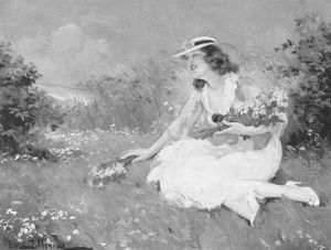 Madchen Mit Blumen Auf Der Sommerwiese