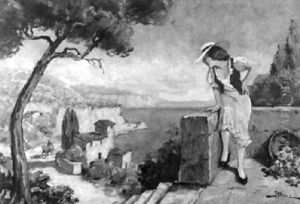Felsige Mittelmeerkuste Mit Blumenmadchen by Leopold Illencz