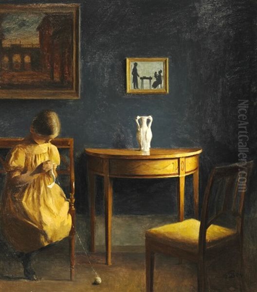 Interior From Ilsted's Home With His Daughter Knitting - view 1