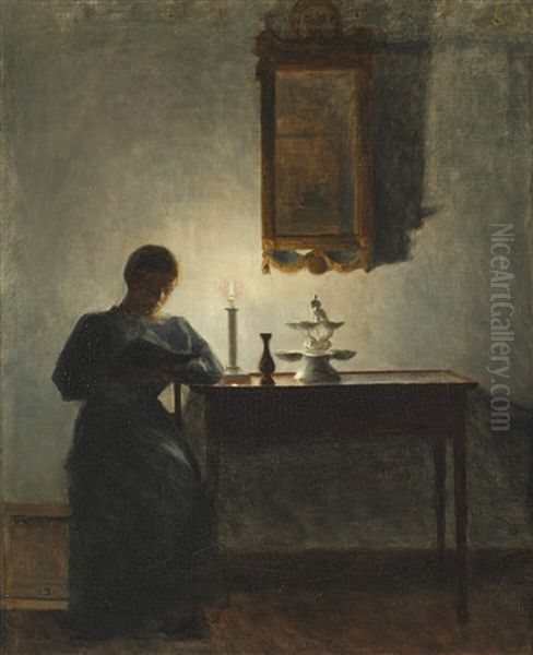 Interior With A Young Woman Reading By The Candlelight - view 1