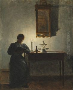 Interior With A Young Woman Reading By The Candlelight by Peter Vilhelm Ilsted
