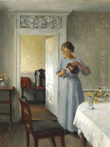 Young Girl In A Light Blue Dress Arranges Flowers Young Girl In A Light Blue Dress Arranges Flowers