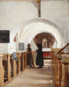 Church Interior With Two Women In Conversation by Peter Vilhelm Ilsted