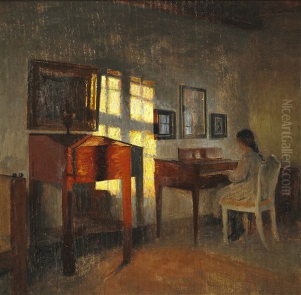 Interior With Sunlight On The Wall And A Girl Playing The Piano - view 1