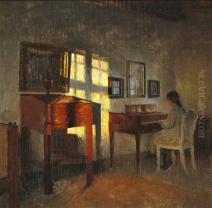 Interior With Sunlight On The Wall And A Girl Playing The Piano by Peter Vilhelm Ilsted
