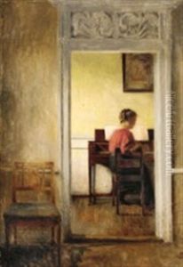 Interior With The Painter's Wife In Red Blouse Sitting At A Spinet by Peter Vilhelm Ilsted