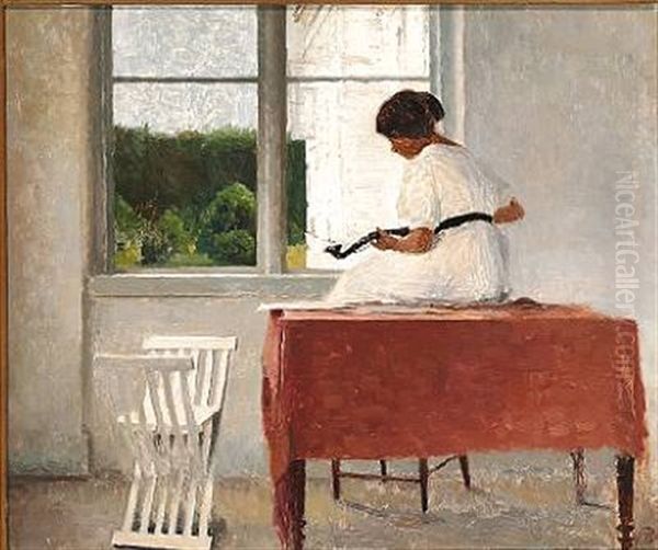 Interior With A Woman In A White Dress Sitting On A Table With A Red Tablecloth Playing The Mandolin - view 1