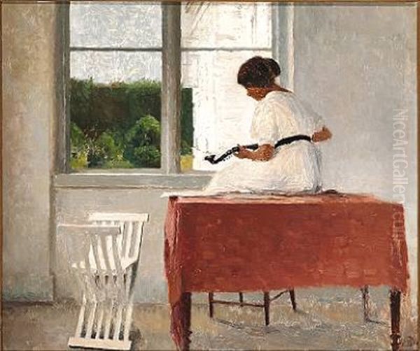 Interior With A Woman In White Sitting On A Table Playing The Mandolin - view 1
