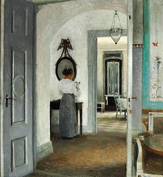 Interior From Liselund Manor With A Young Woman Arranging Flowers In A Vase - view 1