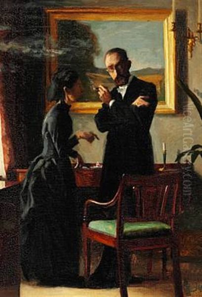 Interior With A Couple, The Man Is Smoking A Cigar While Listening To His Wife - view 1