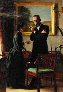 Interior With A Couple, The Man Is Smoking A Cigar While Listening To His Wife