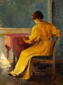 Interior With A Woman In A Yellow Dress At A Table Interior With A Woman In A Yellow Dress At A Table