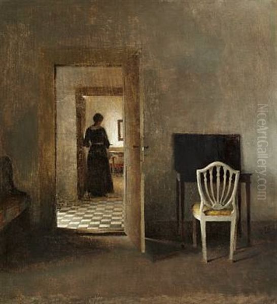 Interior From Liselund With A Woman Standing In The Doorway. In The Foreground A Table And A Chair - view 1