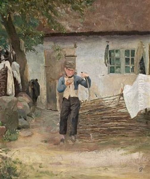 A Farm Exterior With A Boy Reading A Letter - view 1