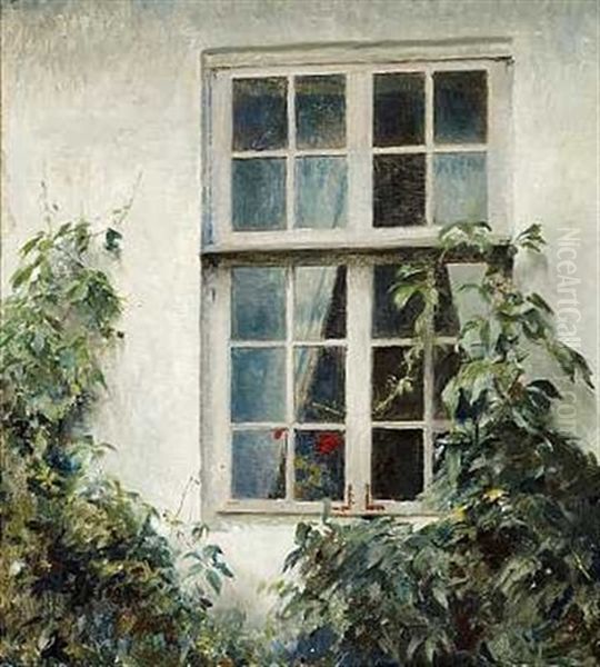 Vinduesparti Med Vildvin Og Rod Pelargonie I Vinduet, Liselund - view 1