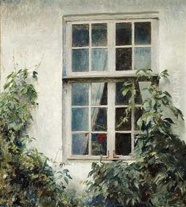 Vinduesparti Med Vildvin Og Rod Pelargonie I Vinduet, Liselund by Peter Vilhelm Ilsted