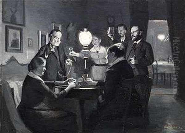 Nytarsaften Hos Kunstnerfamilierne Ilsted Og Hammershoi. Med Haevede Glas Afventer Selskabet, At Klokken Skal Sla Tolv - view 1