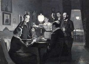 Nytarsaften Hos Kunstnerfamilierne Ilsted Og Hammershoi. Med Haevede Glas Afventer Selskabet, At Klokken Skal Sla Tolv by Peter Vilhelm Ilsted