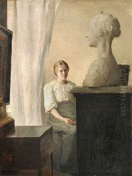 Interior Med Kunstnerens Hustru Ingeborg, Der Betragter En Buste - view 1