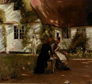 To Veninder. I Baggrunden Et Strataekt, Hvidkalket Hus (fra Hornbaek?) by Peter Vilhelm Ilsted
