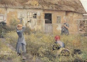 Kone, Der Strikker Og To Piger Bag Et Hus Kone, Der Strikker Og To Piger Bag Et Hus