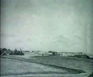 Landskab Fra Falster, Udsigt Over Landskab Med En Raekke    Traeer Og Hoj Himmel by Peter Vilhelm Ilsted