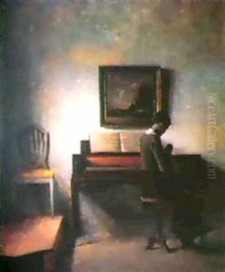 Interior Med En Dame Der                                    Broderer Foran Spinettet