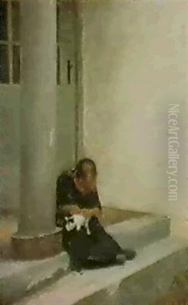 Nursing A Kitten On The Steps At Liselund - view 1