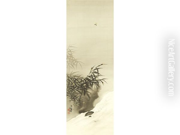 A Night Scene Of Three Fireflies Crawling On Blades Of Bamboo Overhanging A Rushing Torrent, Another Solitary Firefly In Flight Above - view 1