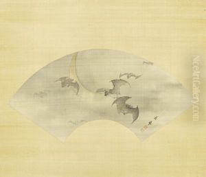 Untitled (seven Bats Hovering Against The Crescent Moon) by Keinen Imao