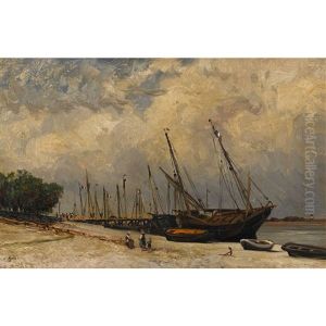 Strandpartie Mit Segelbooten Und Staffage